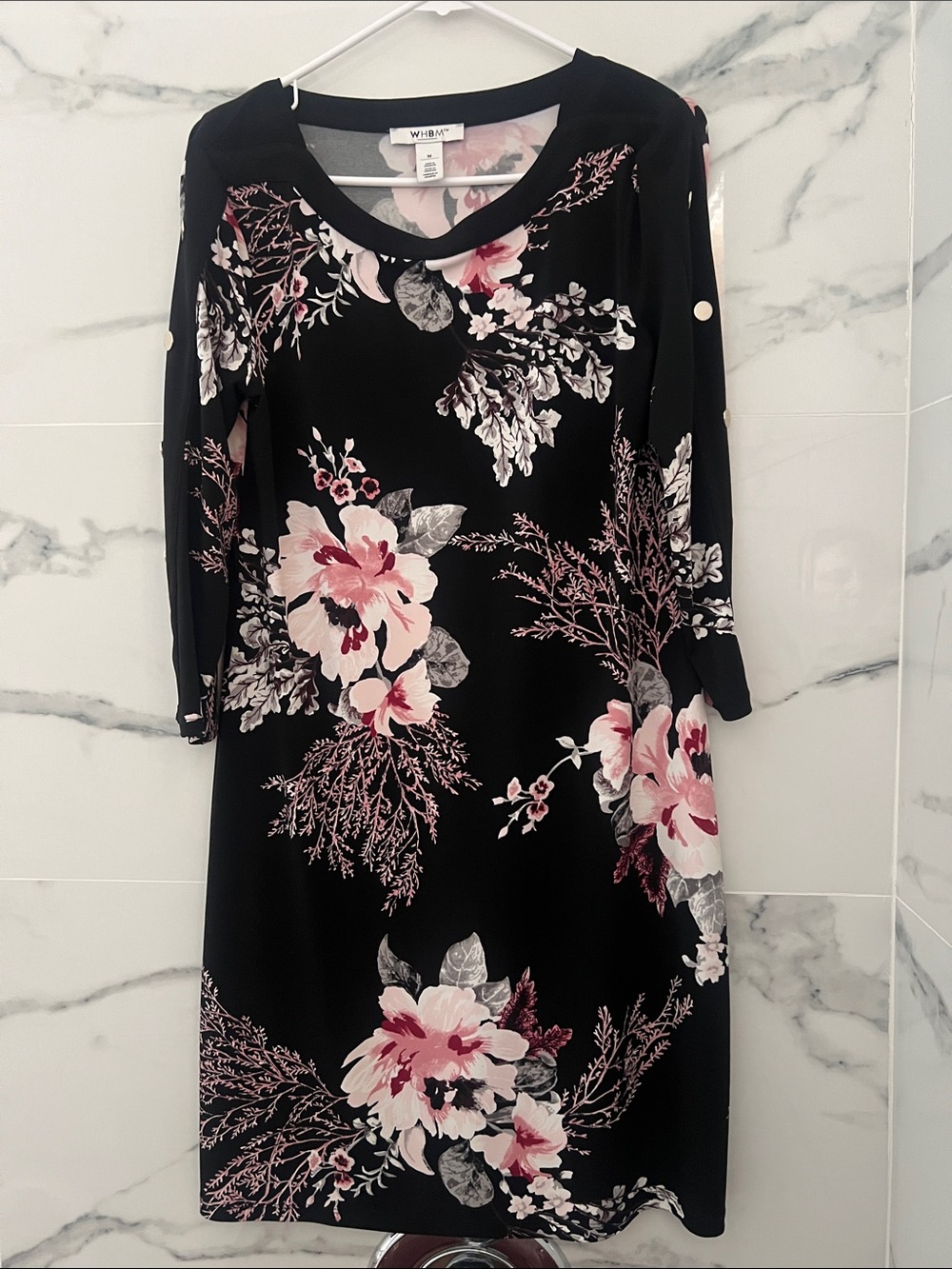 White House Black Market Black Floral Midi Dress with Pink Accents